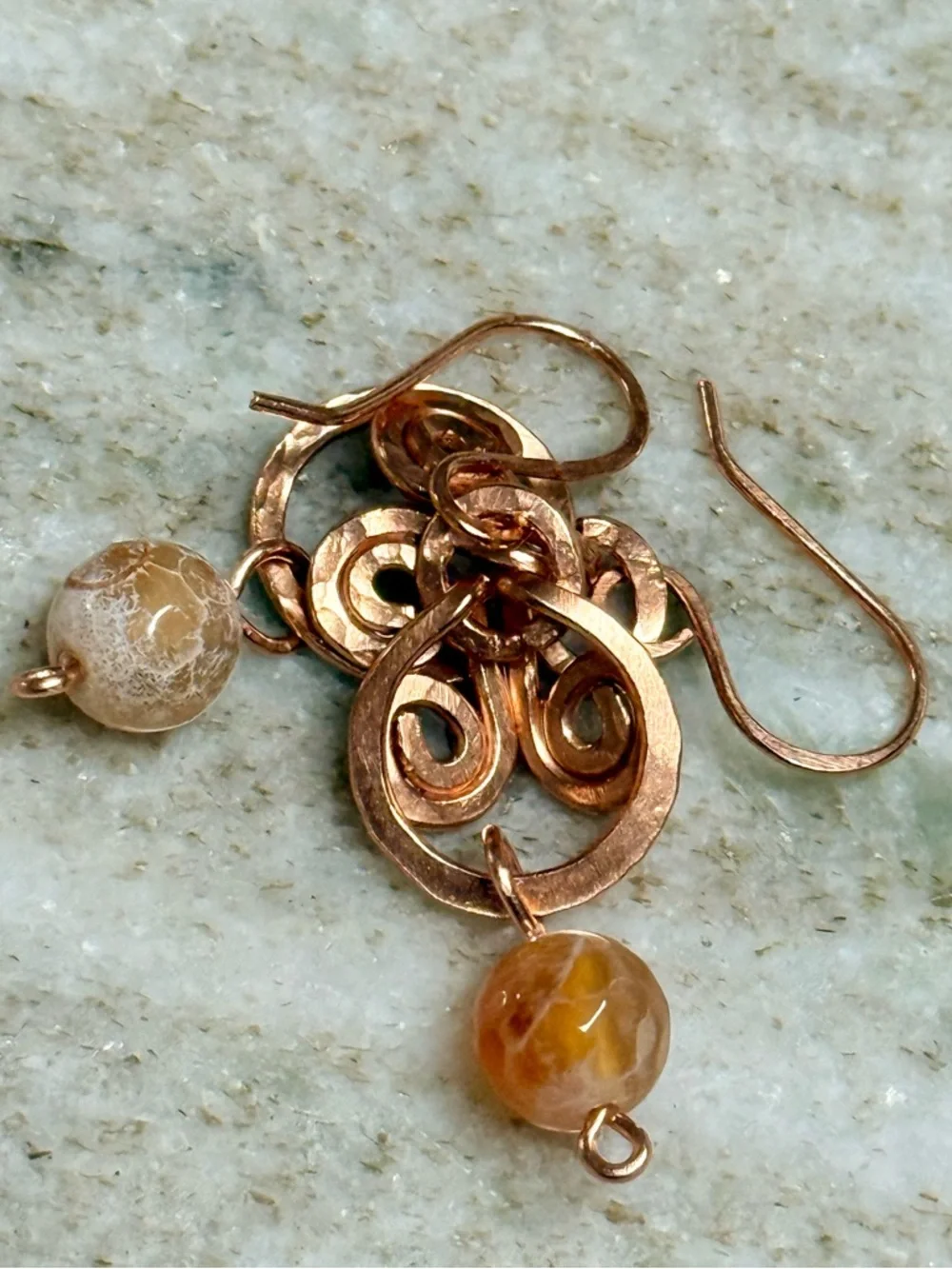 Fire Agate Hammered Copper Dangle Earrings